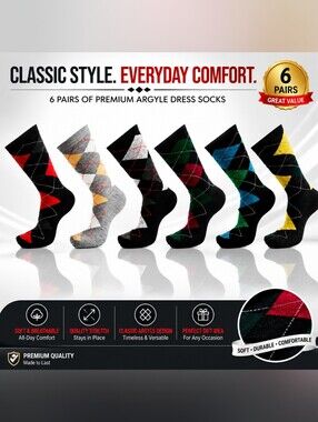 6 Pairs Men’s Argyle Dress Socks Cotton Blend Classic Colors New Size 10-13